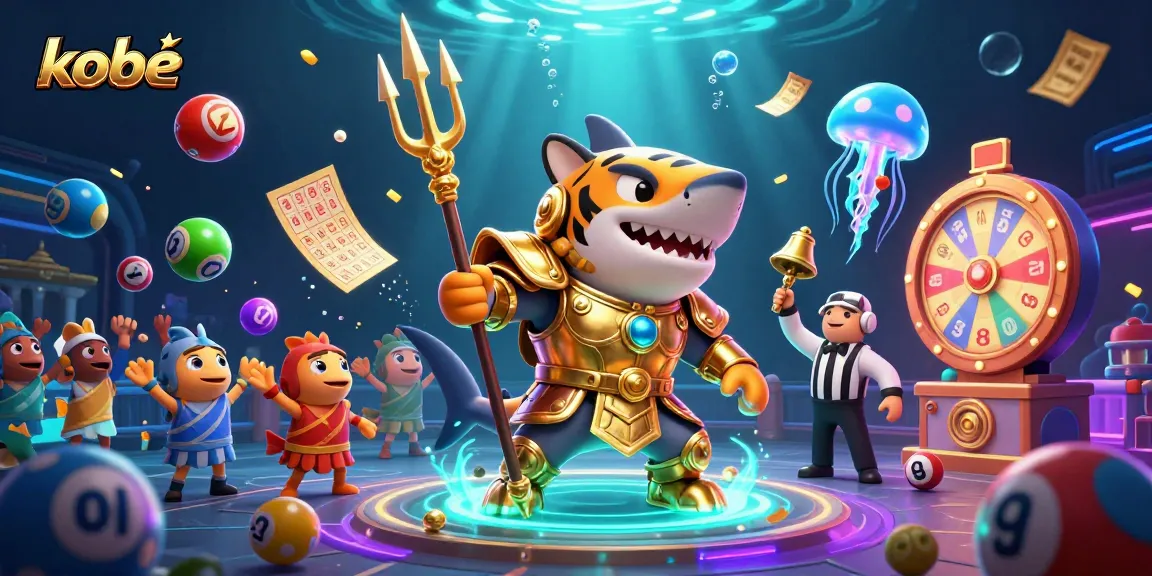 Kobe-themed casino scene showcasing a vibrant underwater lottery contest with a shark, lottery balls, and golden prizes.
