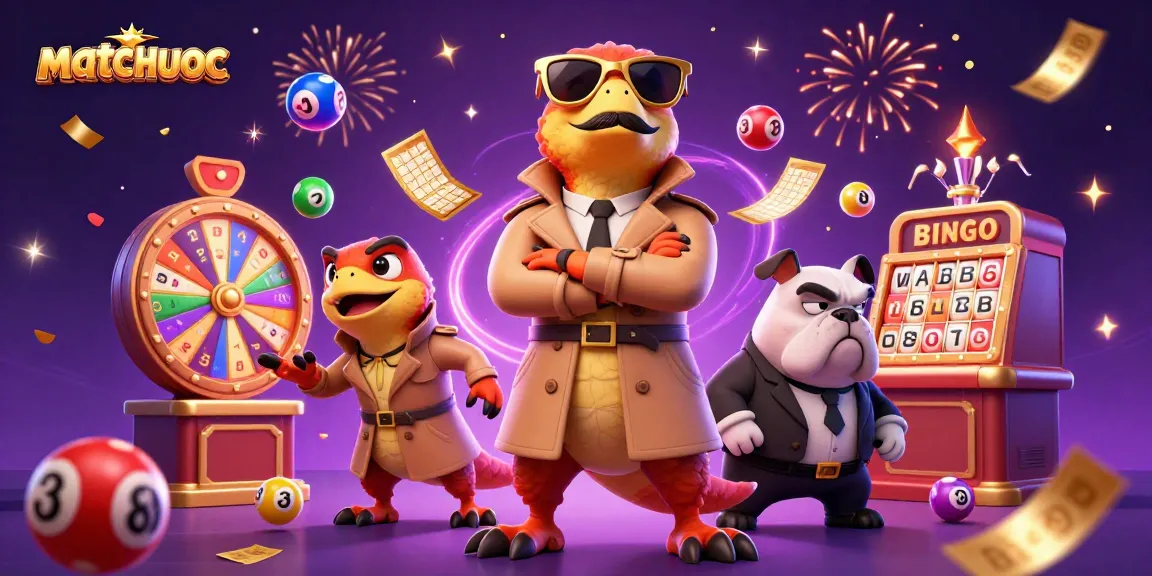 Three cartoon raptors, dressed for the casino, advance toward a VIP lounge, highlighting matchuoc.