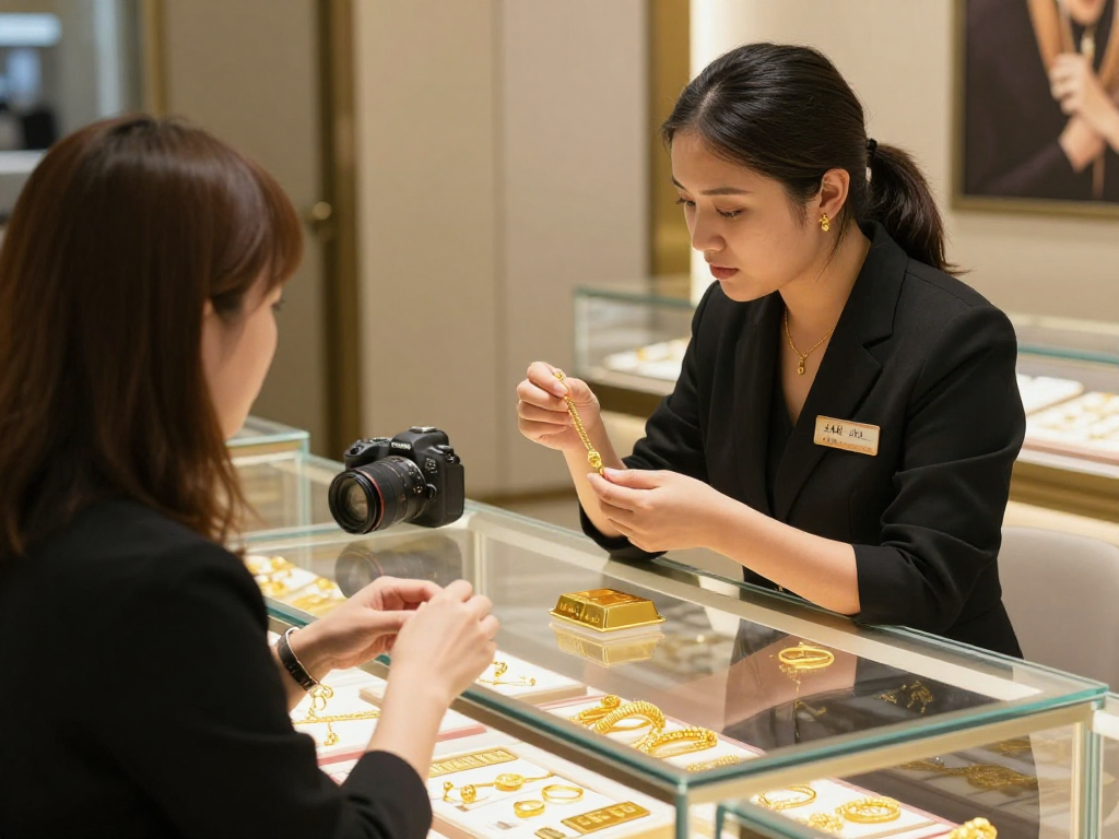 Customer exploring mantra88 gold jewelry with a trusted expert.
