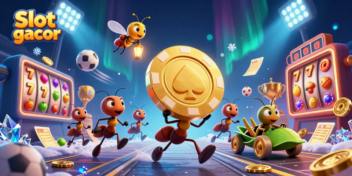 Engage with Slot gacor through thrilling 3D illustration of ants heisting a giant poker chip with vibrant casino elements.
