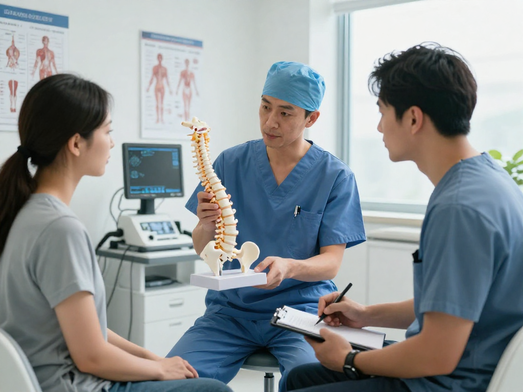 Patient learns about Bel fıtığı ameliyatı options with a surgeon using a 3D spine model in a bright medical clinic.