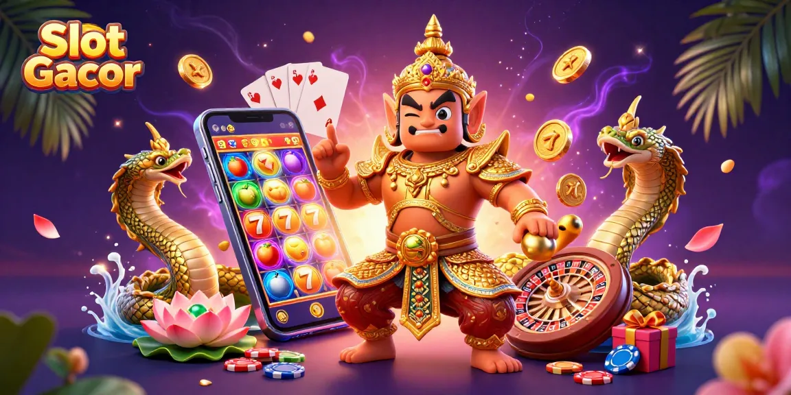 Slot Gacor memukau dengan karakter penjaga kuil dan elemen kasino dalam ilustrasi 3D.