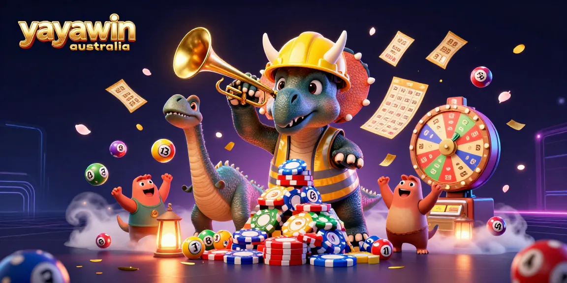 Cheerful 3D casino image showcasing yayawin australia with action-filled characters celebrating around vibrant gambling elements.