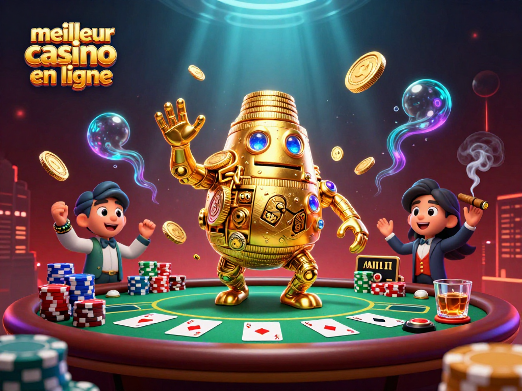 Découvrez le meilleur casino en ligne avec un golem doré animé entouré de jetons de poker et effets ornementaux.