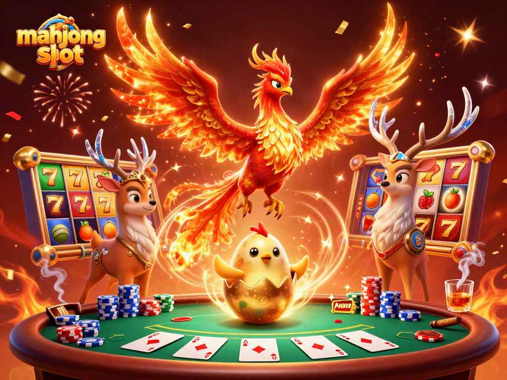 Spin the mahjong slot reels amidst a vibrant casino atmosphere with lively characters.