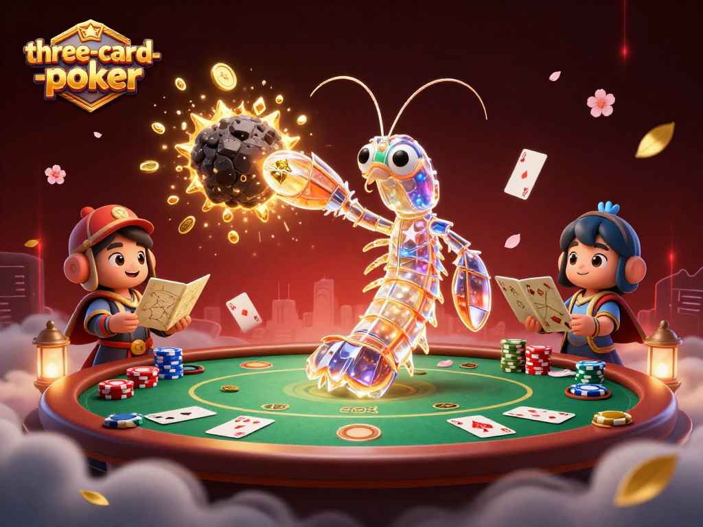 Experience exciting three-card-poker action with vibrant characters and casino elements in a dynamic scene.