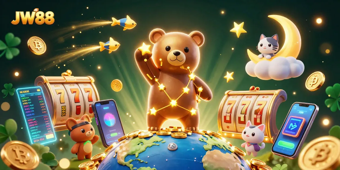 Experience thrilling gameplay at JW88 with our dynamic 3D casino scene featuring slots and crypto elements.