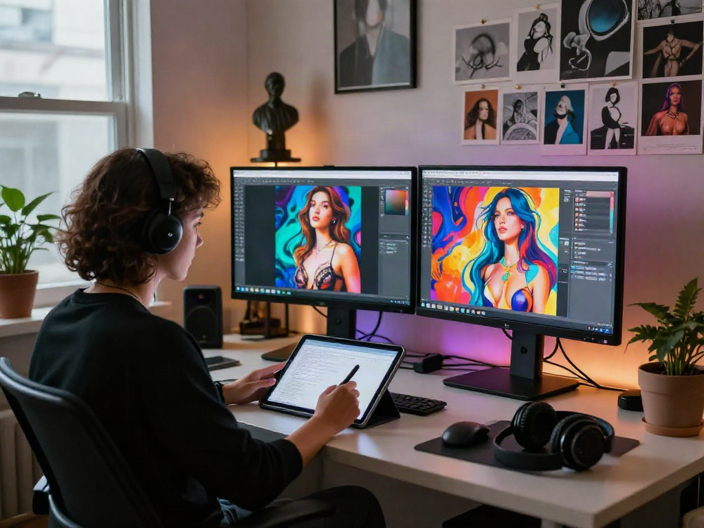 AI porn artistic studio scene with a creative artist, dual monitors, and colorful designs showcasing innovative adult entertainment