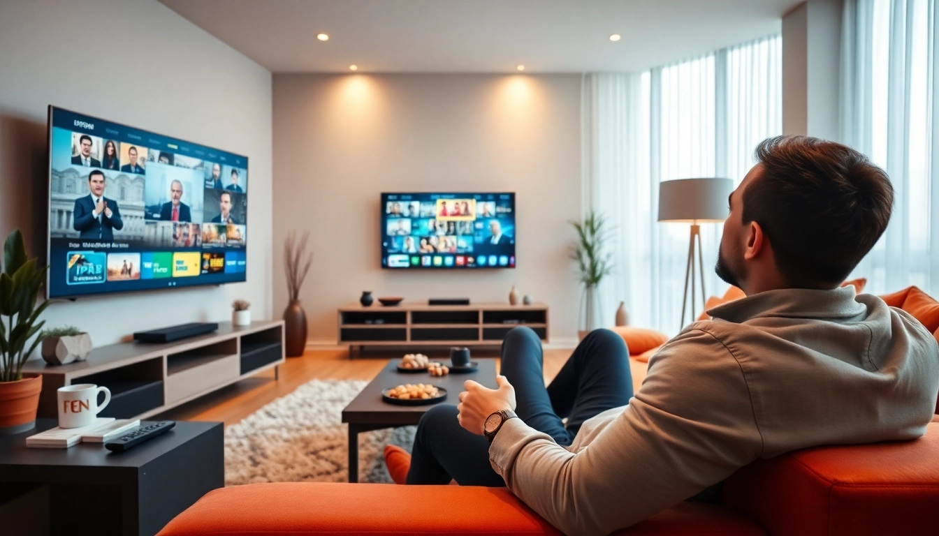 Buy IPTV subscription in US showcased in a cozy modern living room with streaming technology.