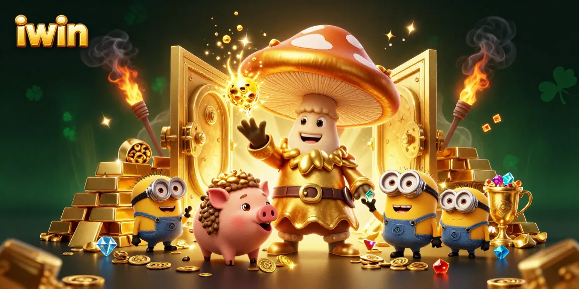Experience thrilling iwin casino magic with golden treasures and lively characters in a vibrant 3D illustration.