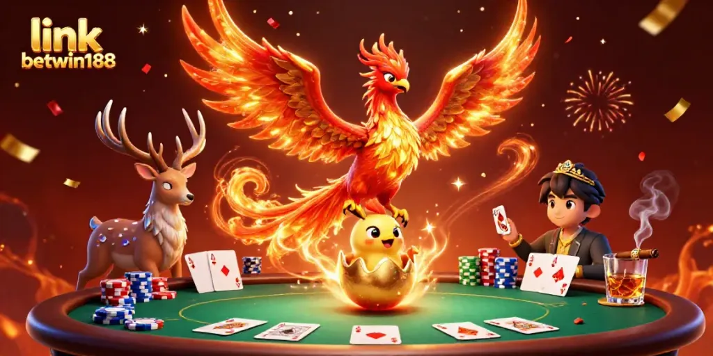 Link betwin188 mempromosikan pengalaman judi dengan phoenix berapi dan kartu poker.