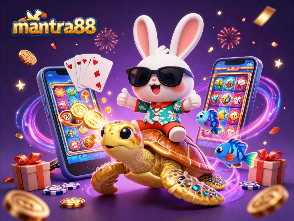 Experience excitement with mantra88 as a lucky rabbit enjoys casino games on a giant golden turtle.
