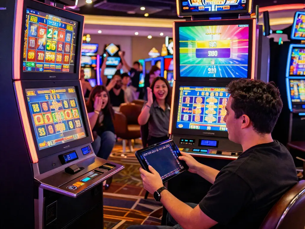 Engaging scene of a player enjoying สล็อตเว็บตรง at a modern casino slot machine with vibrant graphics.
