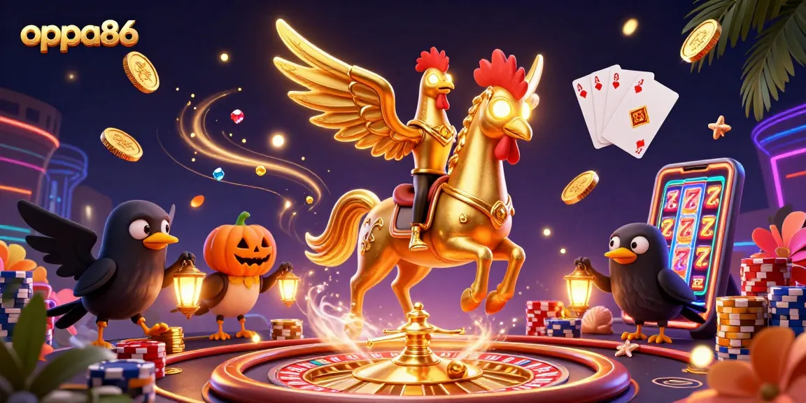 Experience big wins with oppa86 in this vibrant casino scene featuring fantastical characters.