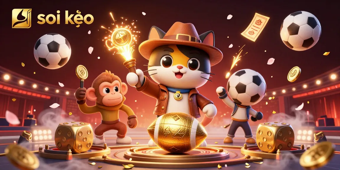 Experience thrilling soi kèo action with a golden football artifact as an explorer cat and monkey uncover sports betting treasures.