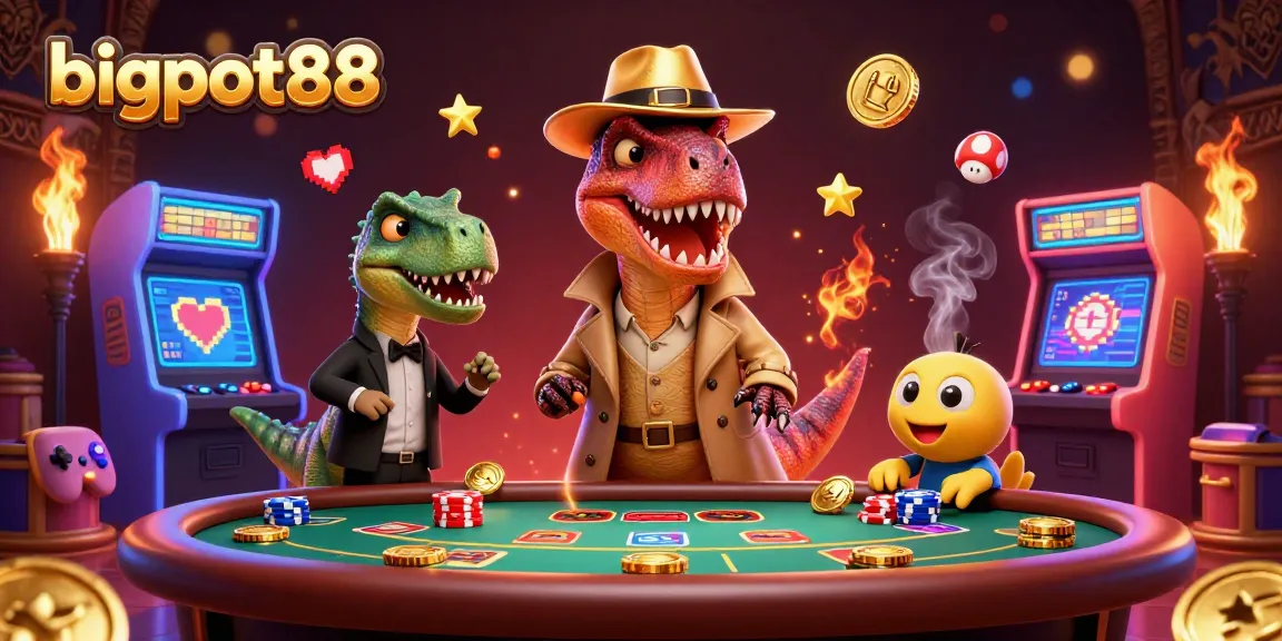 Bigpot88 showcases a thrilling blackjack scene with a velociraptor card counter amidst glowing casino elements.