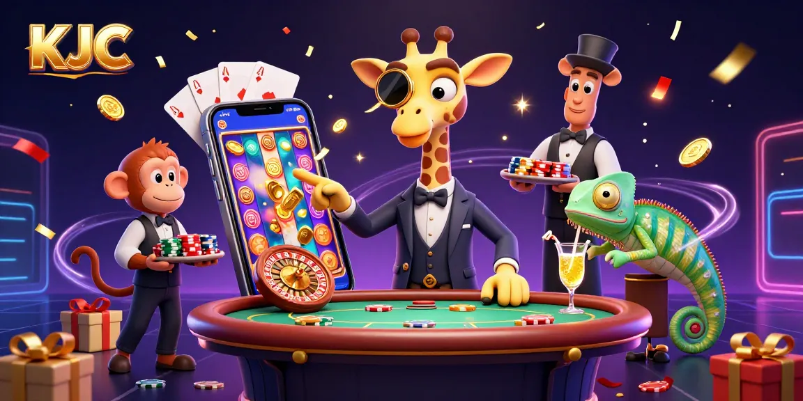 KJC offers dynamic casino thrills with high-roller giraffe, monkey valet, and cocktail-making chameleon in an energetic scene.