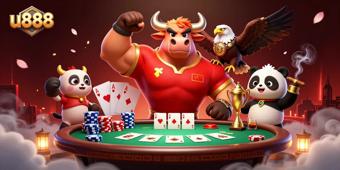 Experience the excitement of u888 with a bull mascot, eagle, and panda celebrating at a vibrant poker table.