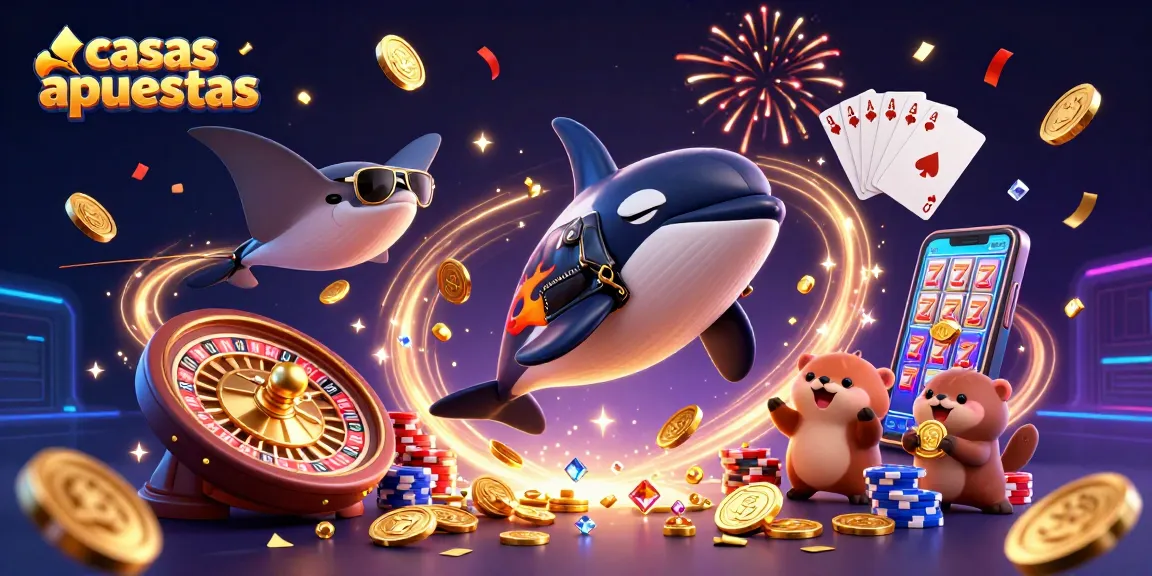 Disfruta de la emoción de las casas de apuestas mientras los personajes celebran con monedas doradas en un ambiente vibrante.
