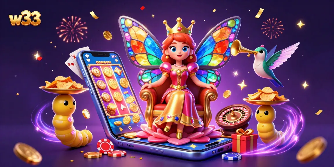 Experience the vibrant w33 pokies scene with a butterfly queen, casino elements, and celebratory confetti.