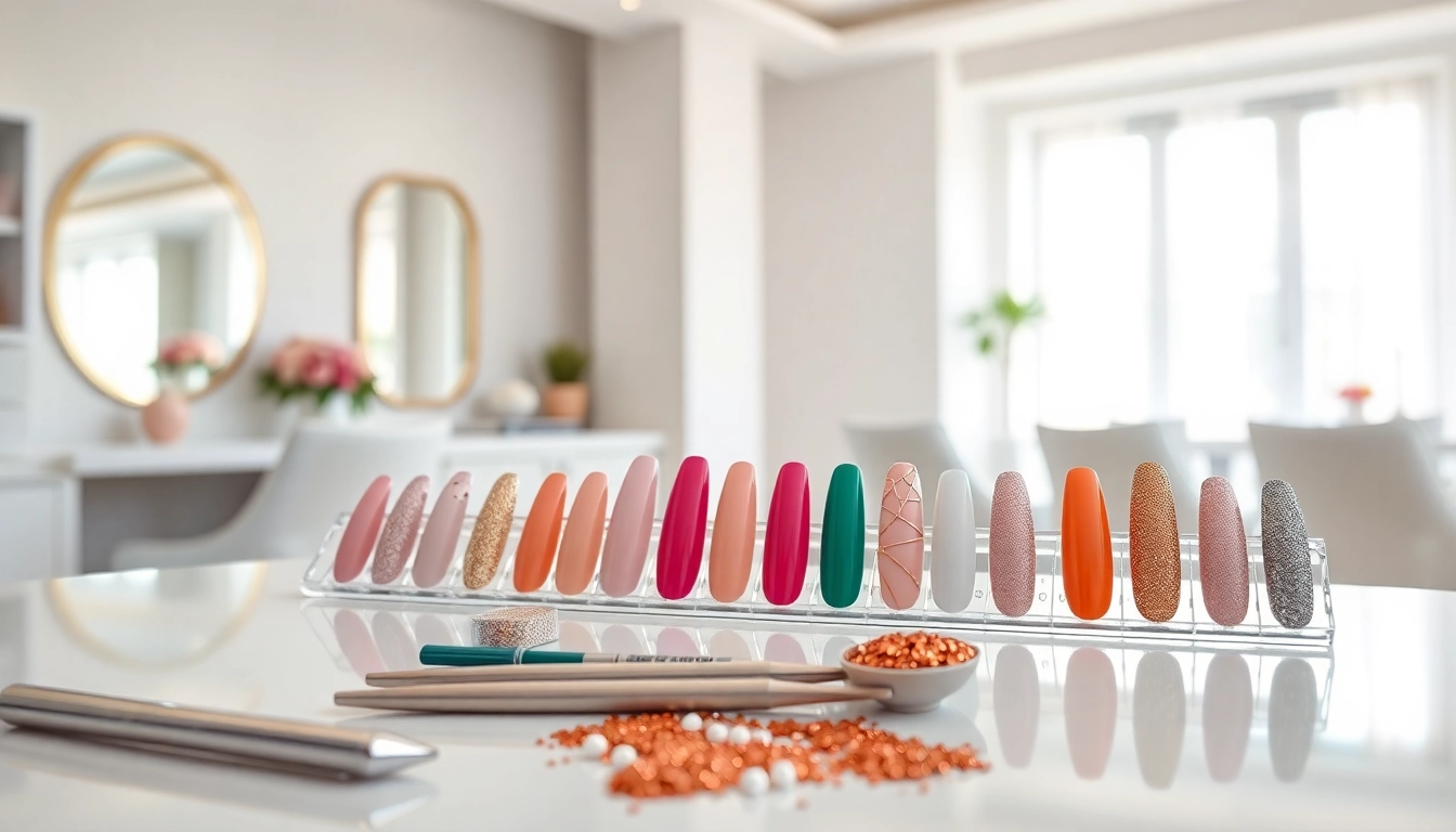 Beautician applying nail extensions with intricate designs and vibrant colors.