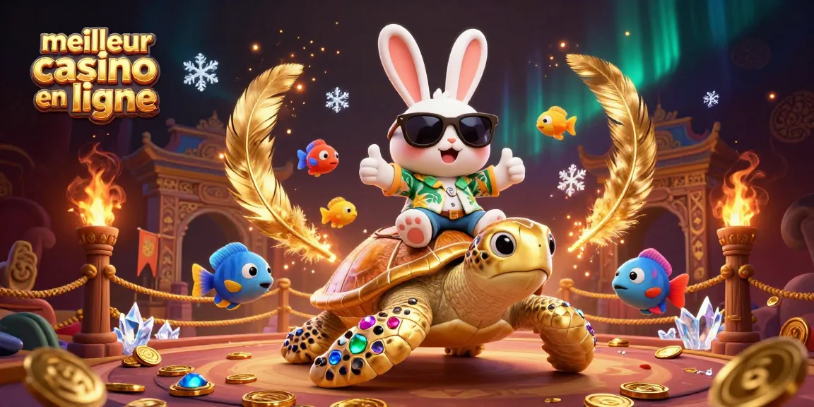 Profitez du meilleur casino en ligne avec un lapin chanceux et une tortue dorée nageant parmi des poissons tropicaux.