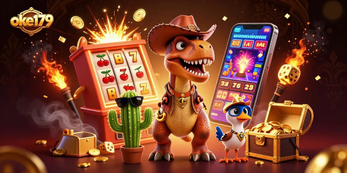 Bet on oke179 and enjoy thrilling jackpots with cartoon characters in a vibrant casino scene.