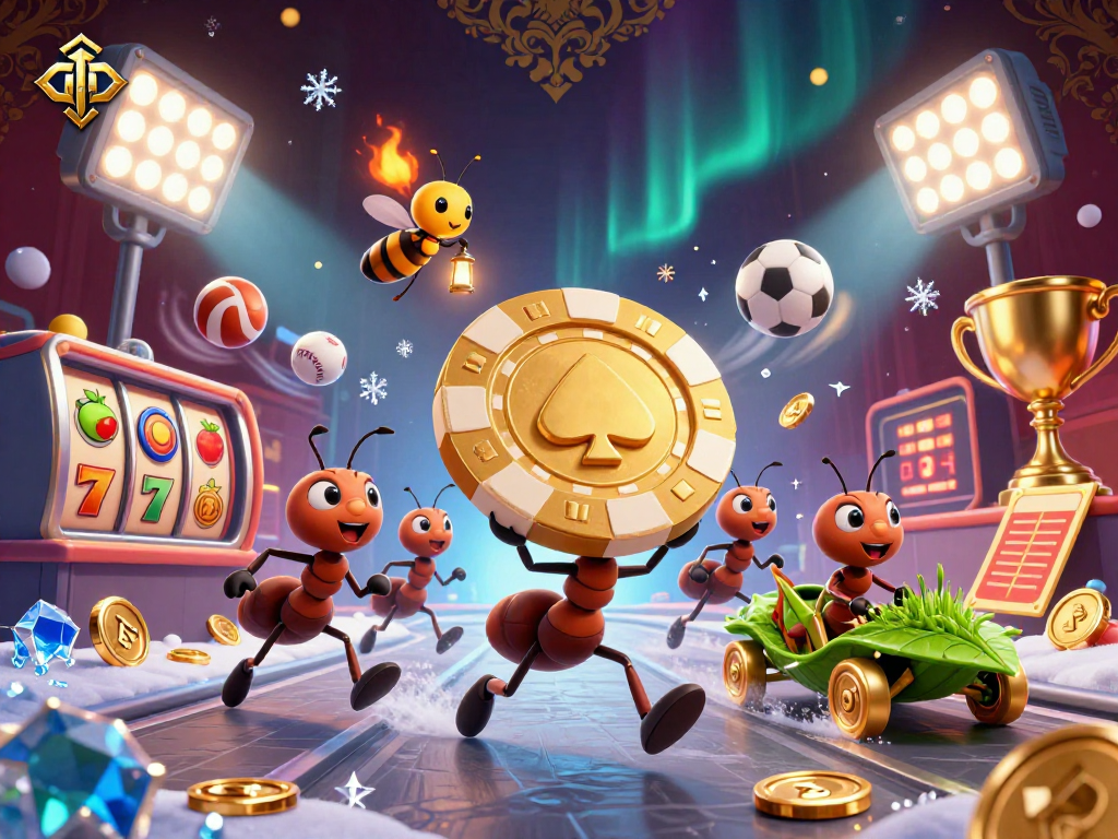 The 3D cartoon scene illustrates game-la-ma with ants, poker chips, slot reels, and vibrant casino elements.