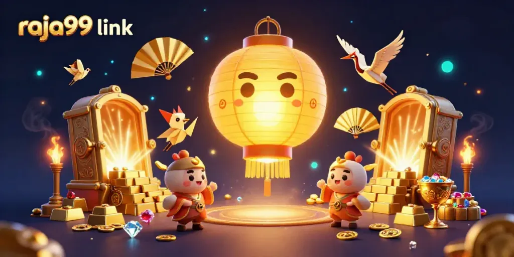 Experience the magical raja99 link with a vibrant casino scene featuring golden treasures and cartoon spirits.