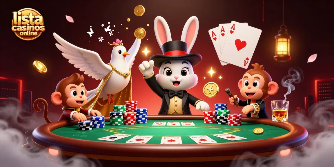 Ilustración 3D de un mago, una paloma y un mono robando fichas en lista casinos online