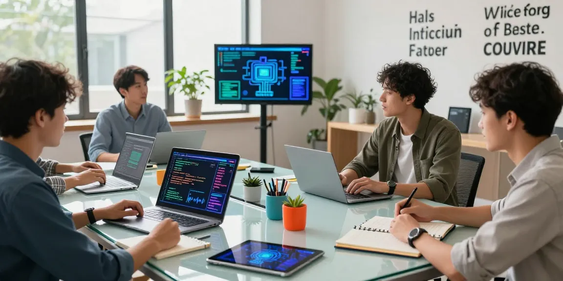Young professionals in a modern workspace collaborating on ai 18+ technology projects, showcasing data visualizations and interactive tools.