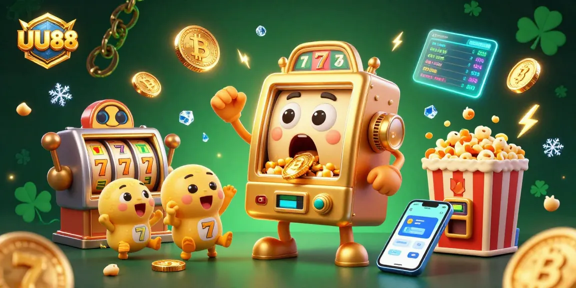 UU88 slot machine hitting a jackpot, celebrating with coins pouring out, surrounded by Bitcoin coins and a popcorn machine.