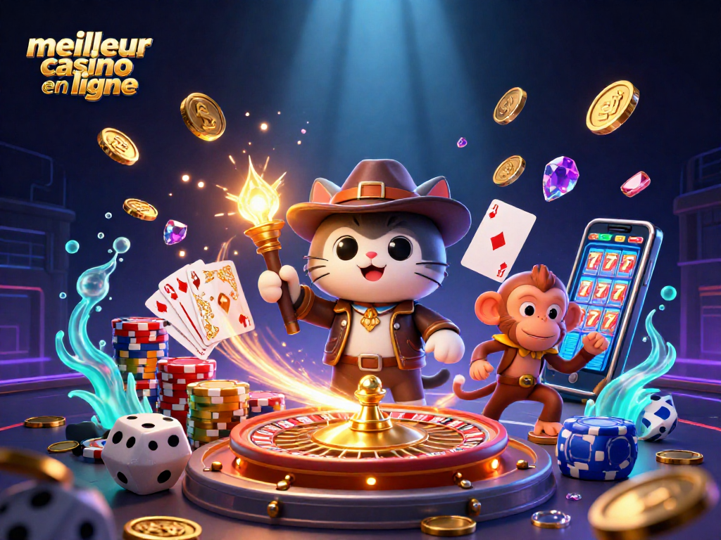 Explorez le meilleur casino en ligne avec des personnages animés découvrant des trésors, des jeux et des bonus.