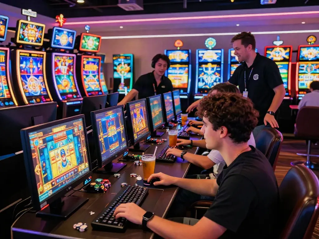 Engaged player enjoying Slot MAHJONGJP88 at a modern casino with vibrant graphics and neon lights.