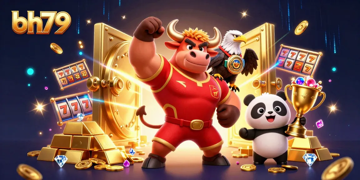 Experience the thrill of bh79 with a 3D casino scene featuring a bullish mascot and exciting slot elements.