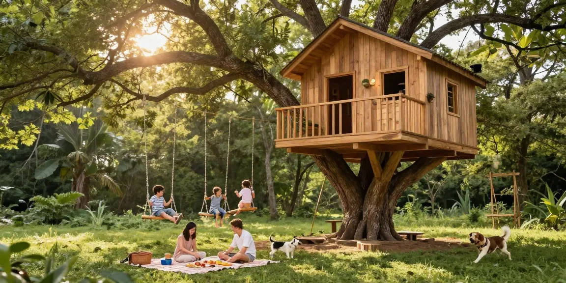 Experience tree house life with a family enjoying quality time in a lush forest setting.