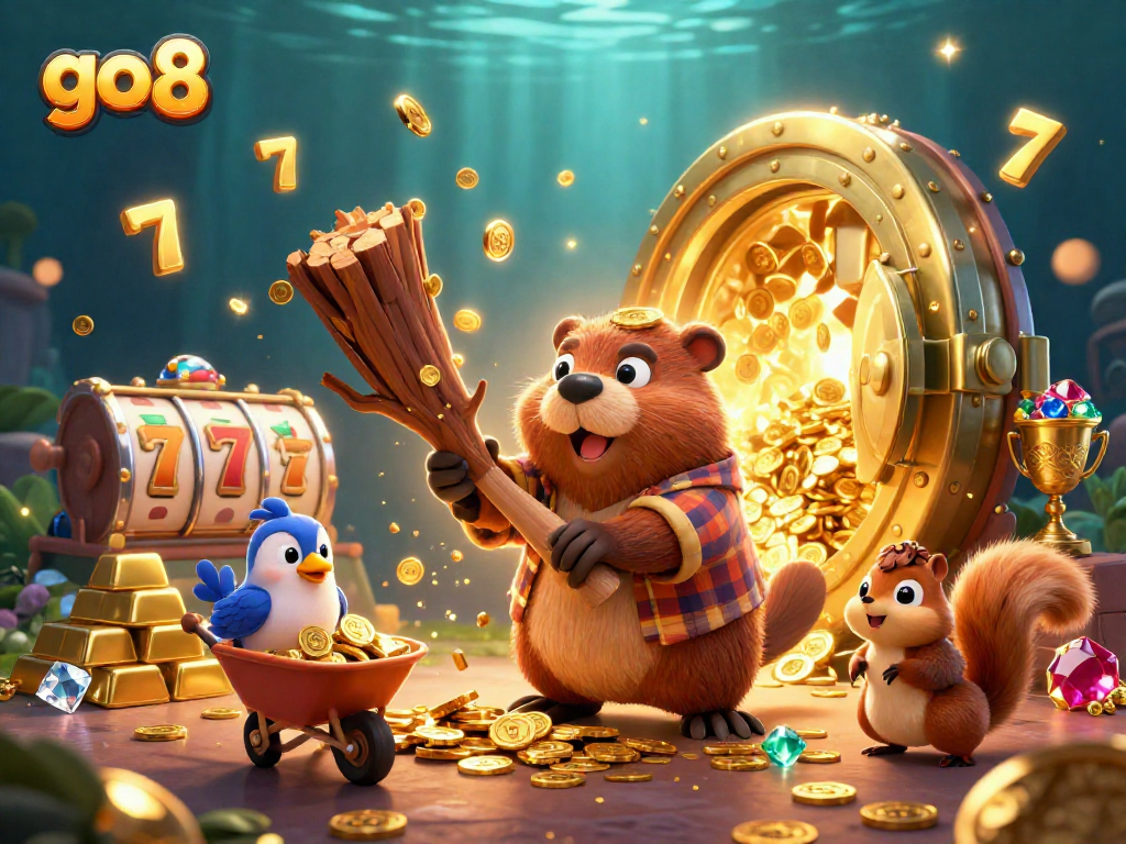Experience thrilling gameplay at go 8 while the beaver collects golden coins in a vibrant casino scene.