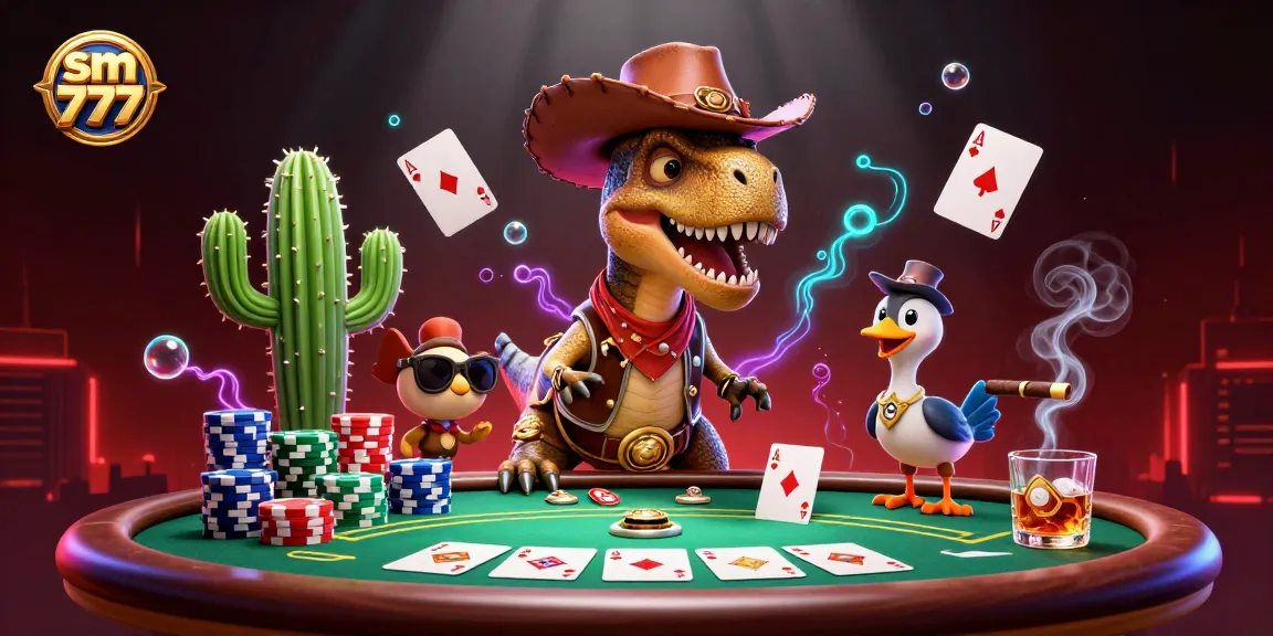 Engage with the lively scene of sm 777, where a cowboy dinosaur plays poker amidst vibrant casino elements.