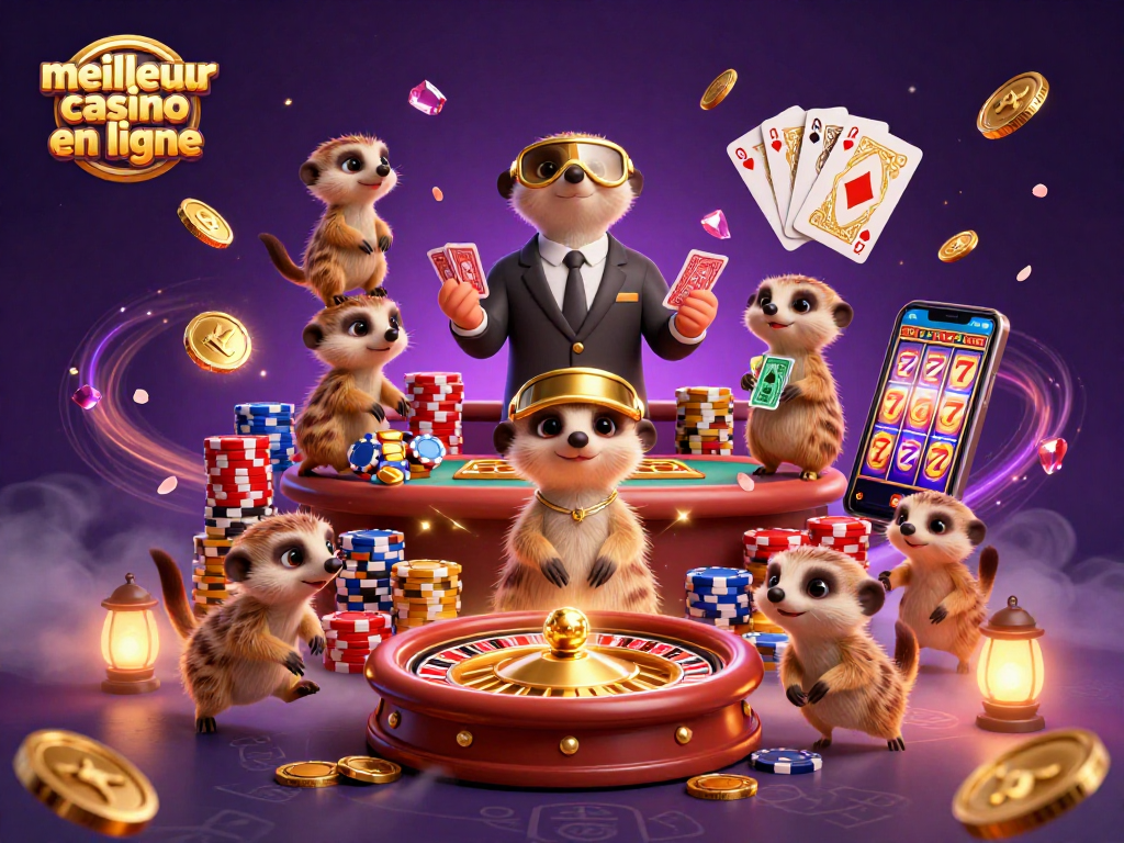Le meilleur casino en ligne est représenté par une scène animée de suricates dans un casino, entourés de pièces d'or et de cartes à jouer.