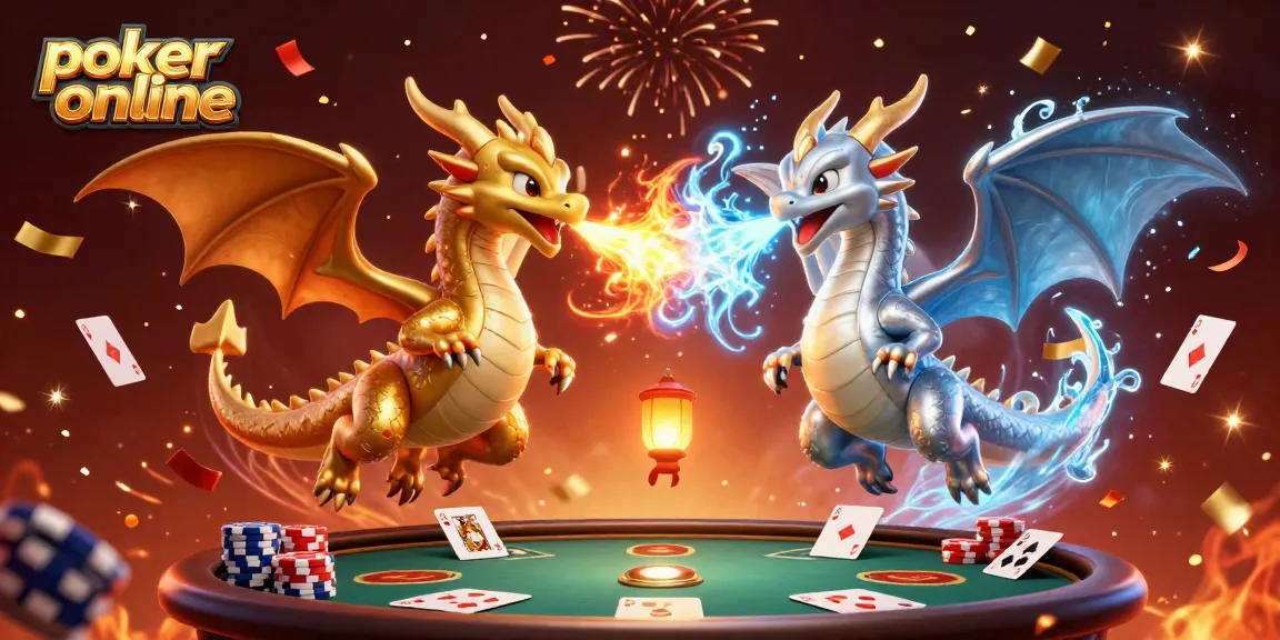 Jouez au poker en ligne avec des dragons en feu et de glace dans une scène festive.