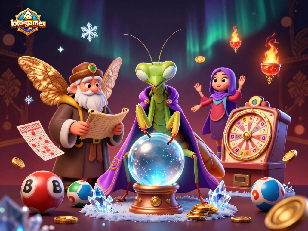 Experience thrilling lottery games with loto-games featuring a mystical fortune teller, bingo cards, and lively lottery elements.