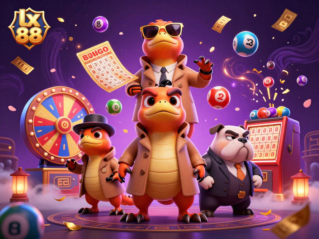 Experience thrilling gaming at lx 88 casino with vibrant lottery balls, a bouncer, and cartoon raptors.