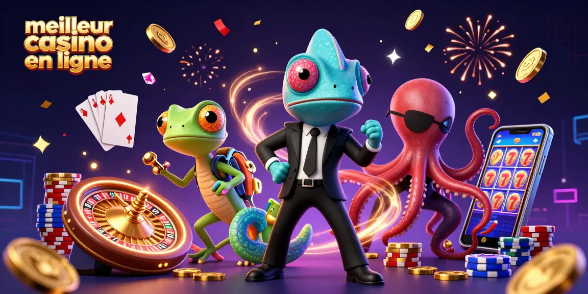 Illustration captivante du meilleur casino en ligne avec des personnages colorés et des jeux de casino dynamiques.