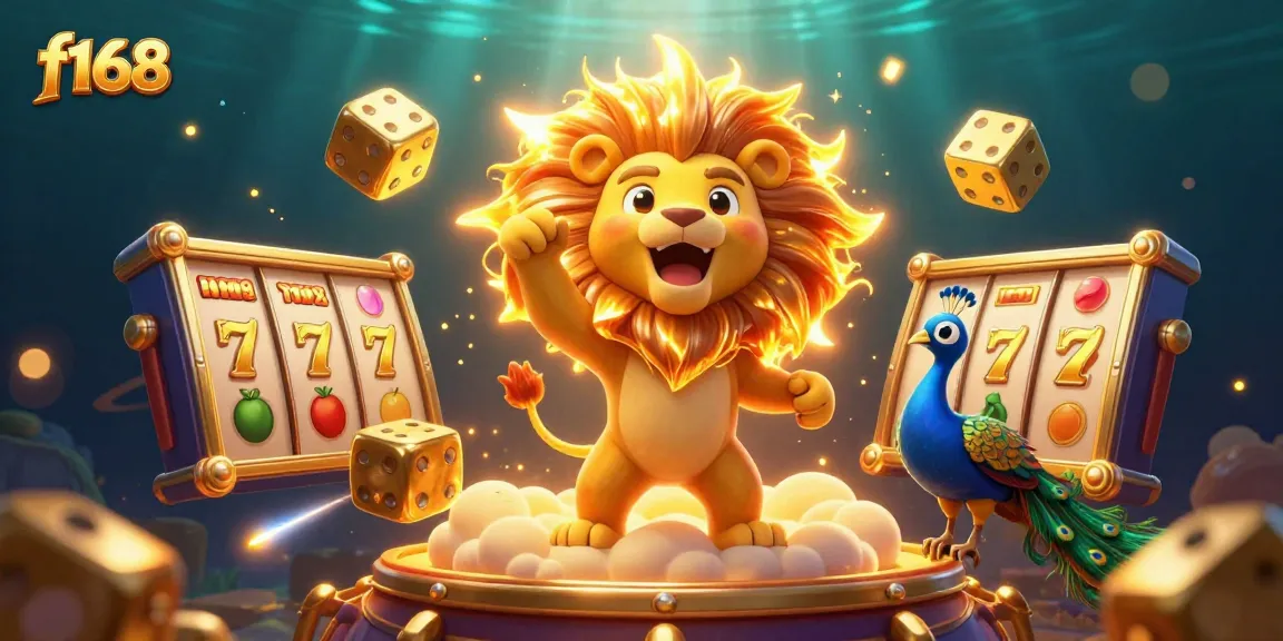 Experience the thrill of f168 with a roaring lion and golden games in a vibrant casino atmosphere.