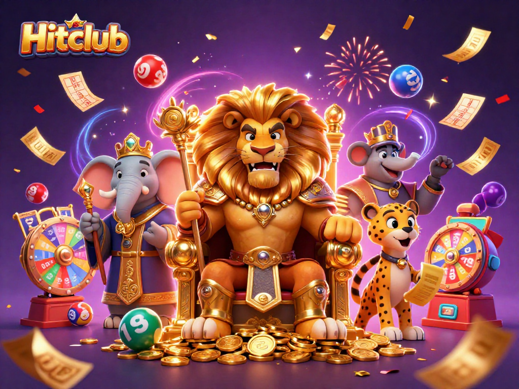 Hitclub's captivating 3D scene with a lion king and vibrant lottery elements showcases excitement in gaming.