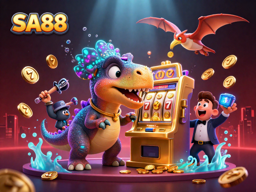 SA88 jackpots soar as 3D dinosaurs interact with a golden slot machine, capturing the excitement of gaming.