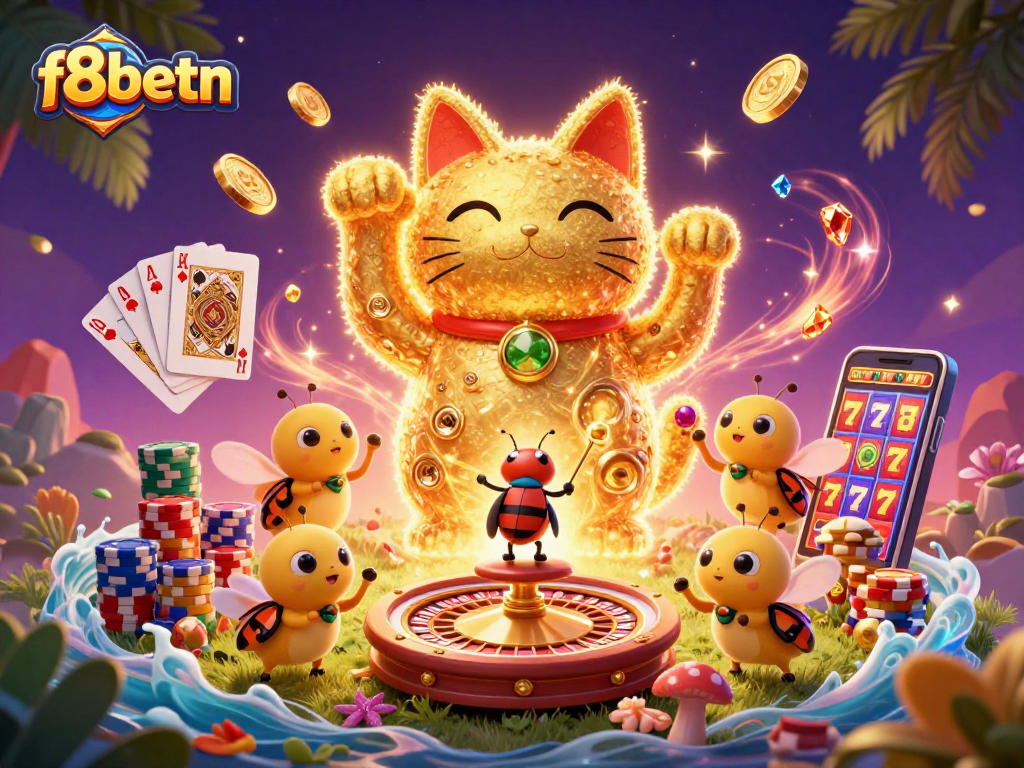 Experience the vibrant action of f8betn featuring a lucky cat created by golden fireflies in this dynamic casino scene.