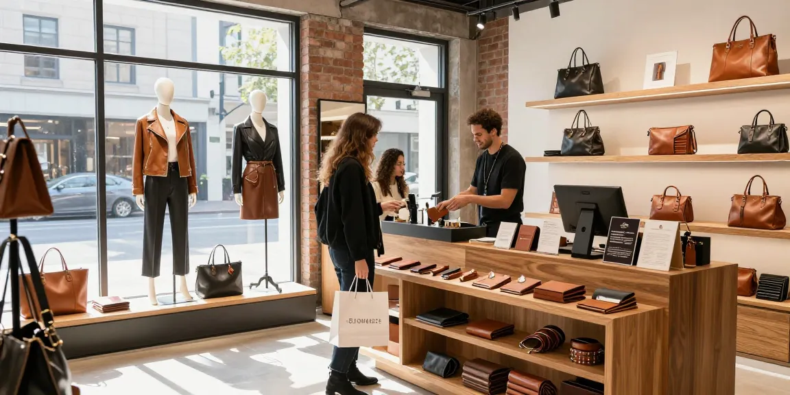 A customer exploring leather products in a vibrant store, featuring various leather goods like handbags and wallets in a stylish retail environment, emphasizing the keyword slot.