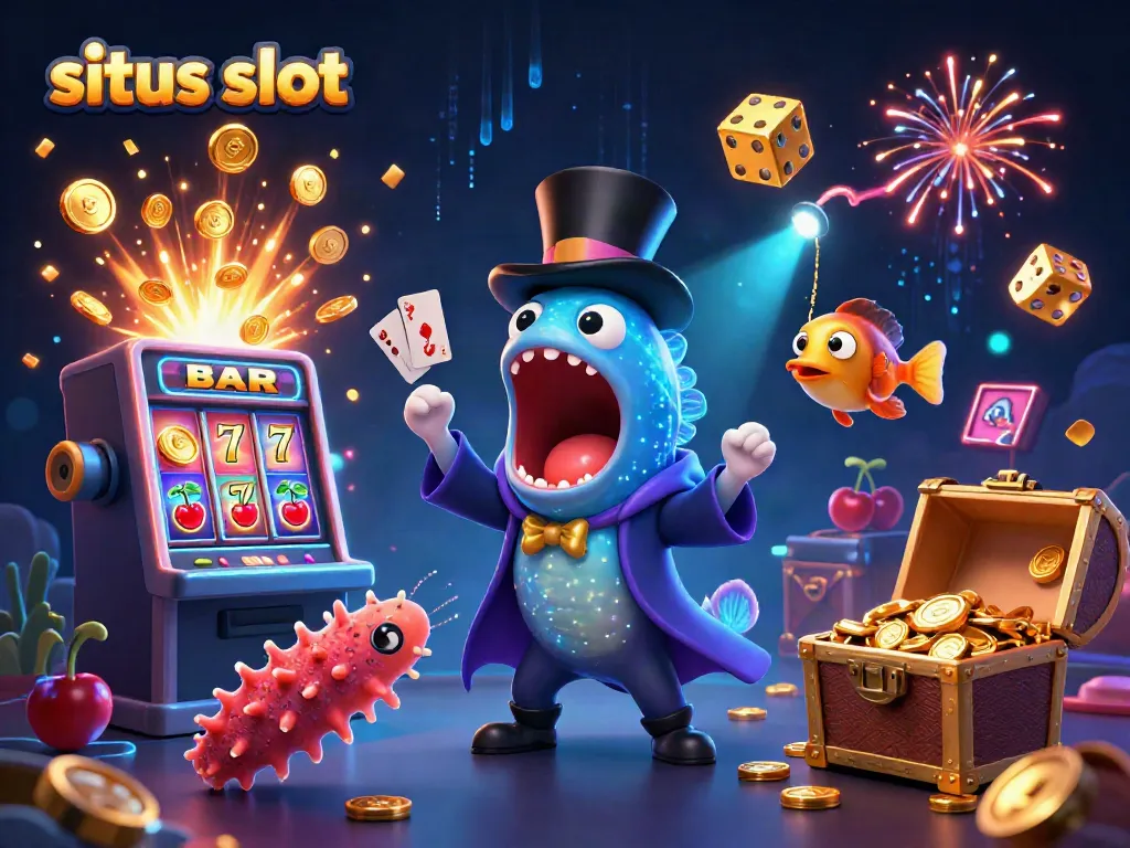 Ilustrasi kasino situs slot dengan ikan dalam aksi sulap dan jackpot emas yang berhamburan.