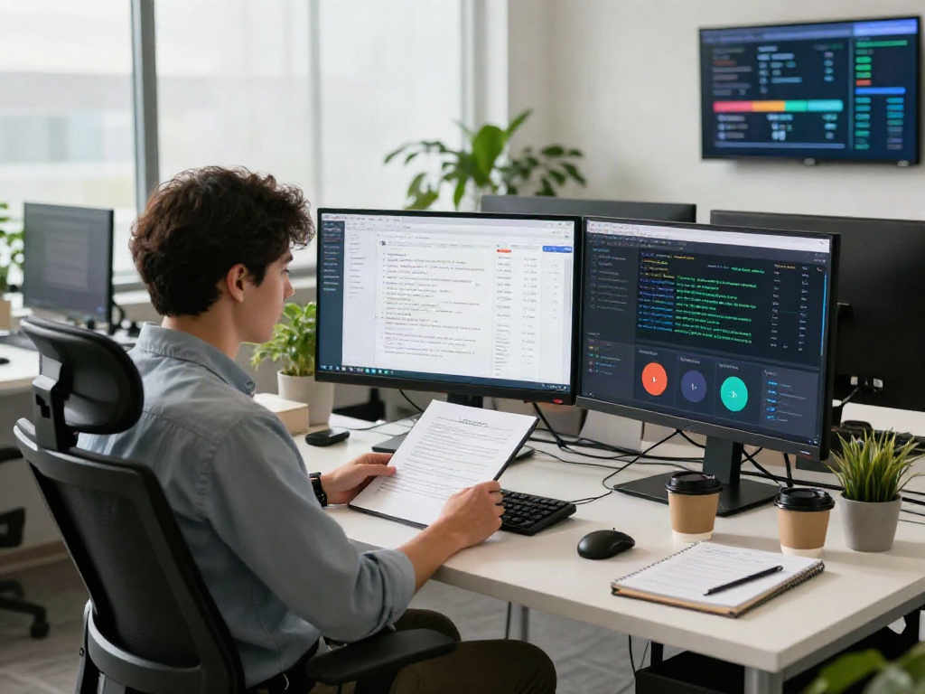 Document fraud detection solution workspace with analyst reviewing data on monitors, showcasing advanced software tools.